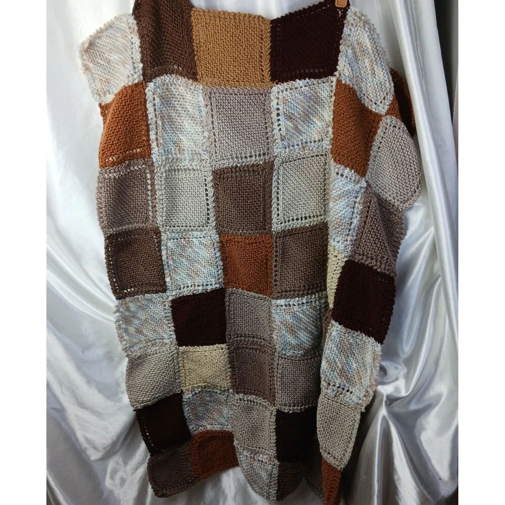Hand Knitted Afghan Throw Blanket EARTH TONES 31'' X 43''